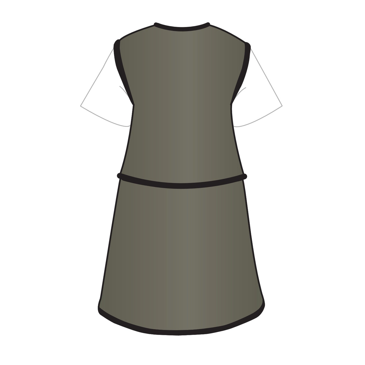 Back view of an AliMed Grab n Go Vest and Kilt Set, Female, featuring dark trim, short sleeves, and a kilt-style design over a white underlayer.