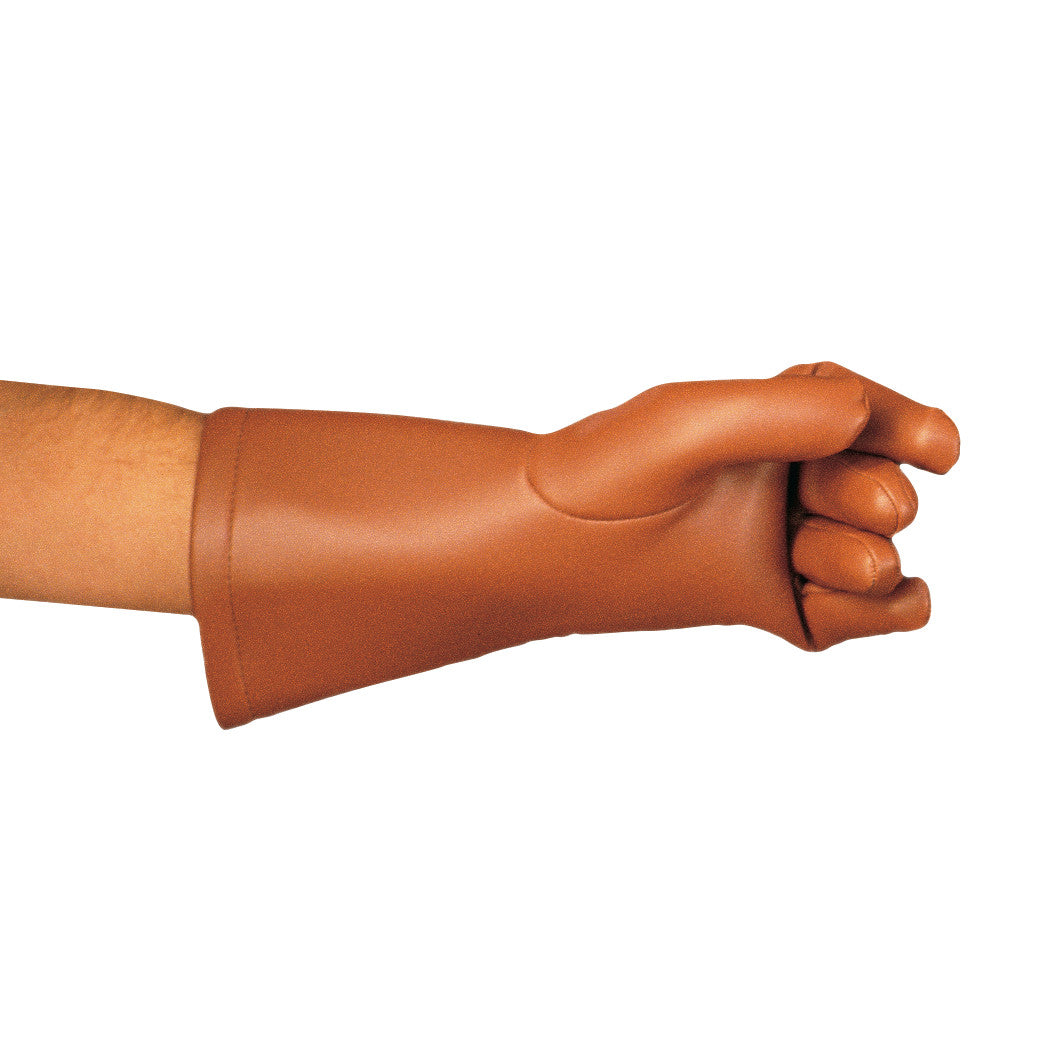 A person wears Wolf X-Ray Superflex Protective Radiation Gloves, designed with a brown, flexible material for radiation protection.