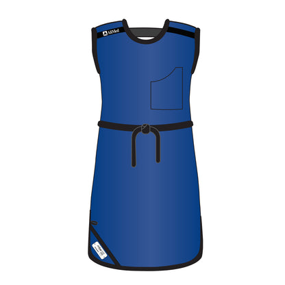 The AliMed Grab n Go Tie Apron, Female is a blue protective apron with black trim and a pocket, featuring a belt for closure.