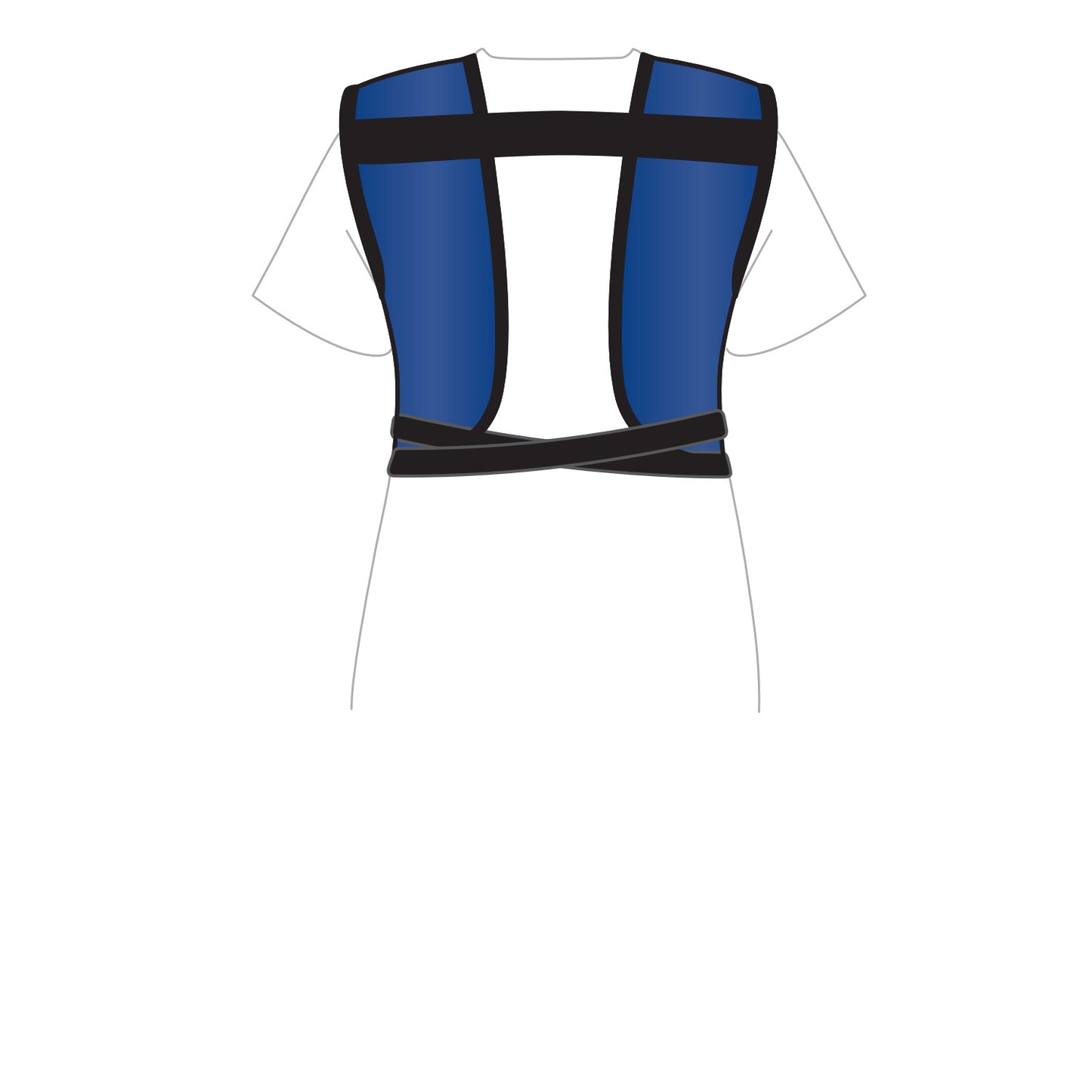 Illustration of the AliMed Grab n Go Tie Apron, Female, in blue with black straps, shown from the back on a white T-shirt.