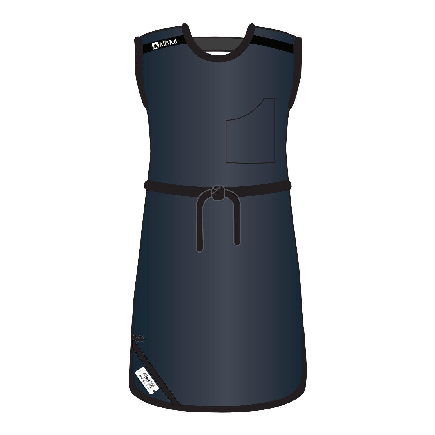 Illustration of the AliMed Grab n Go Tie Apron, Female, in dark blue, featuring a pocket and a tie belt at the waist.