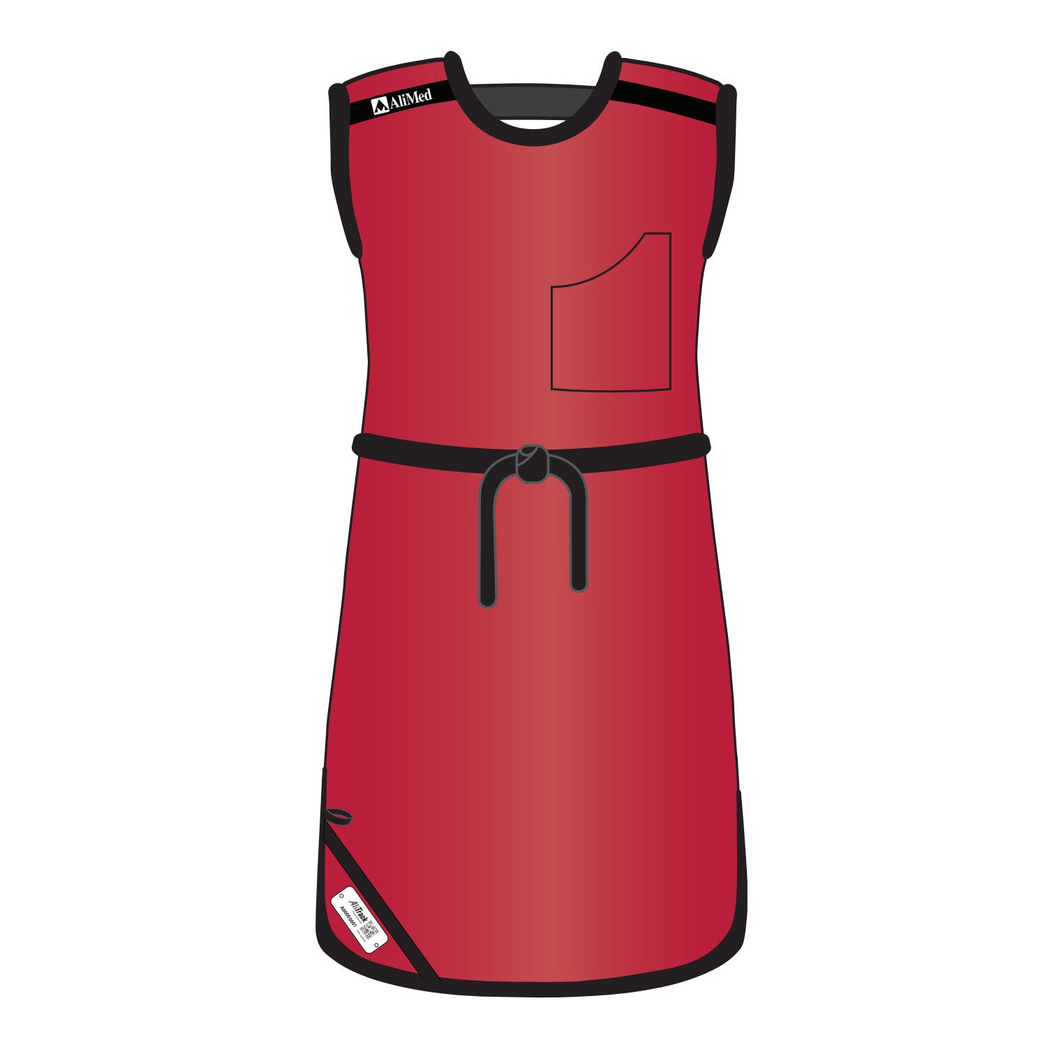 Illustration of a red AliMed Grab n Go Tie Apron for females, featuring a front pocket, black trim, and a tie belt.