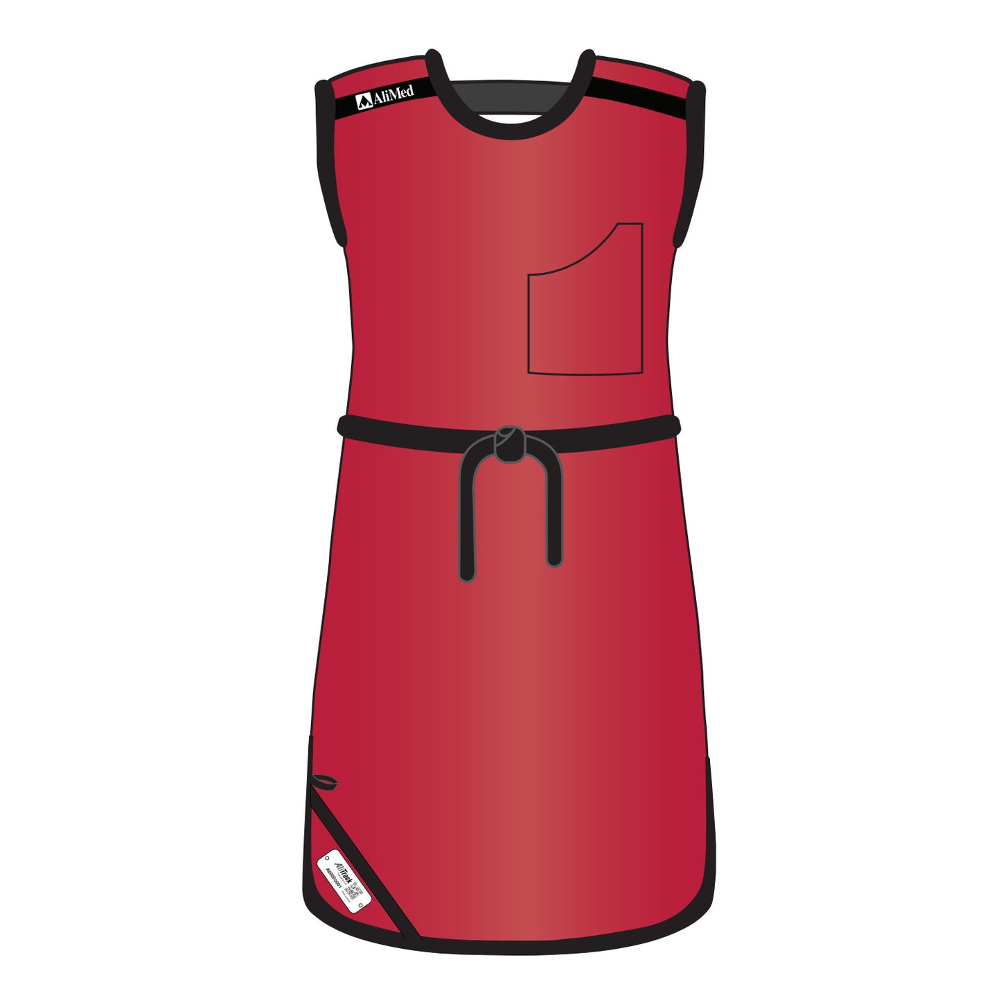 Illustration of a red AliMed Grab n Go Tie Apron for females, featuring a front pocket, black trim, and a tie belt.