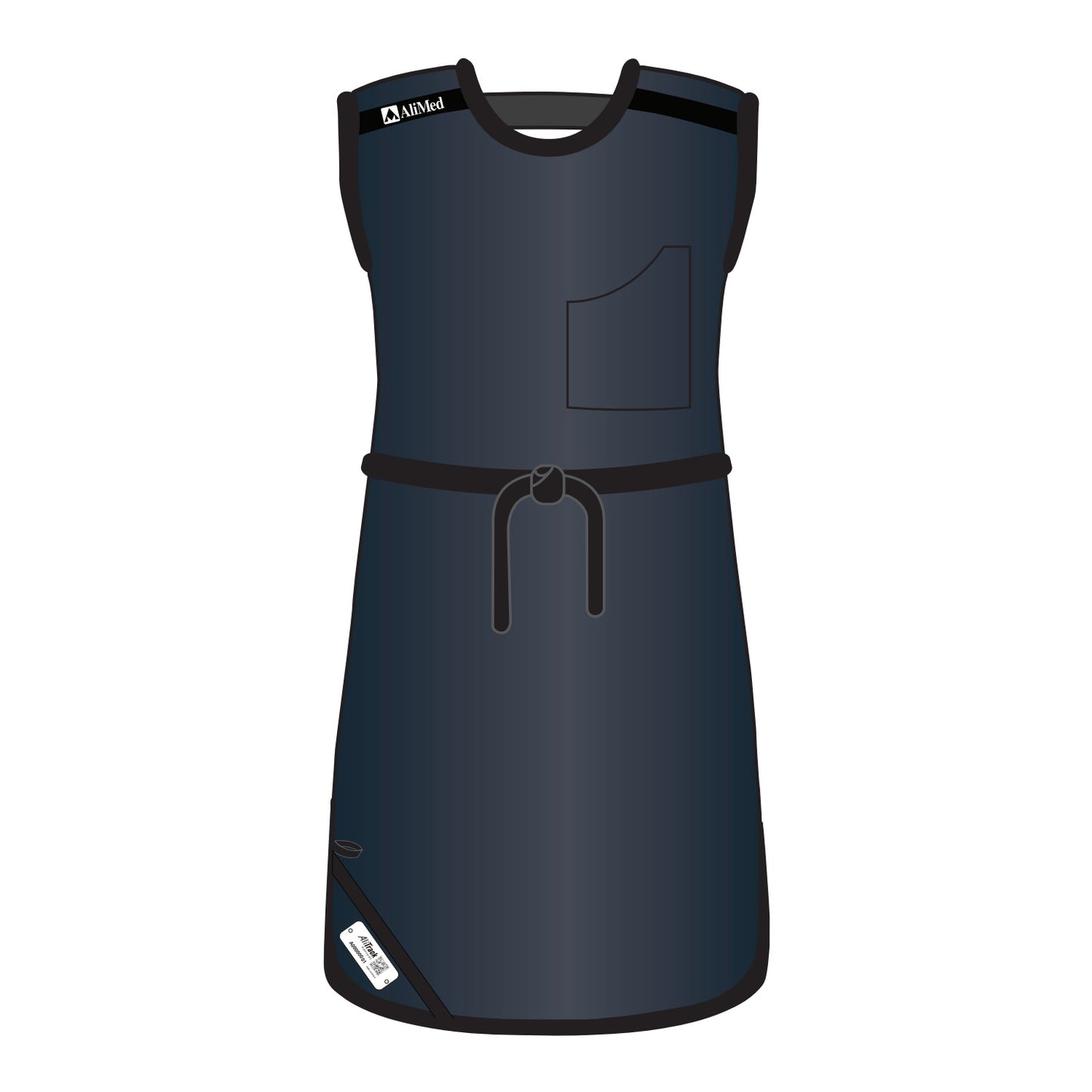 The image is of an AliMed Grab n Go Tie Apron, Female, in dark blue, featuring a tie belt, a shoulder loop, and a chest pocket.