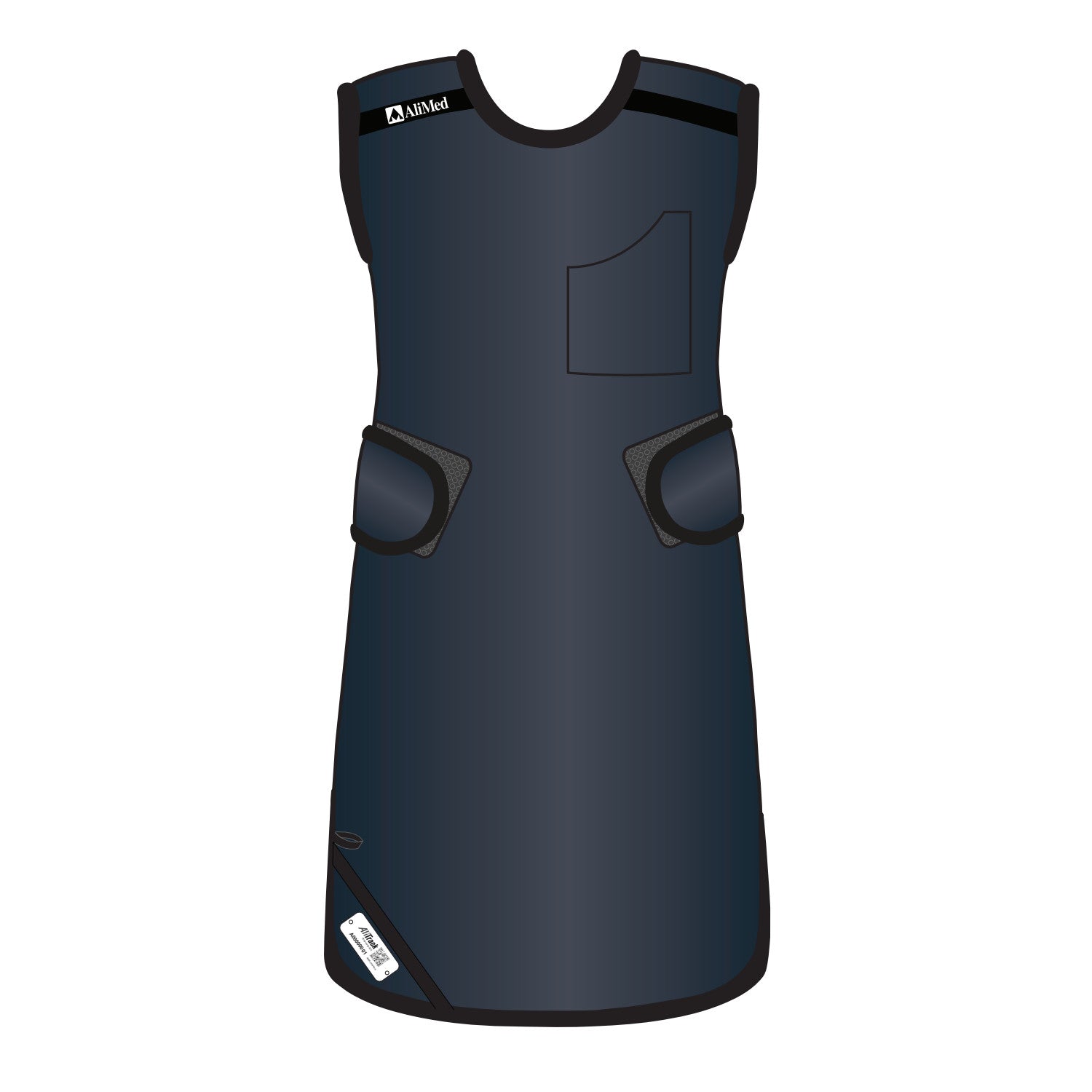 The AliMed Grab n Go 4-Point Quick Drop Apron, Male, is a sleeveless, navy protective garment with side fasteners and a chest pocket.