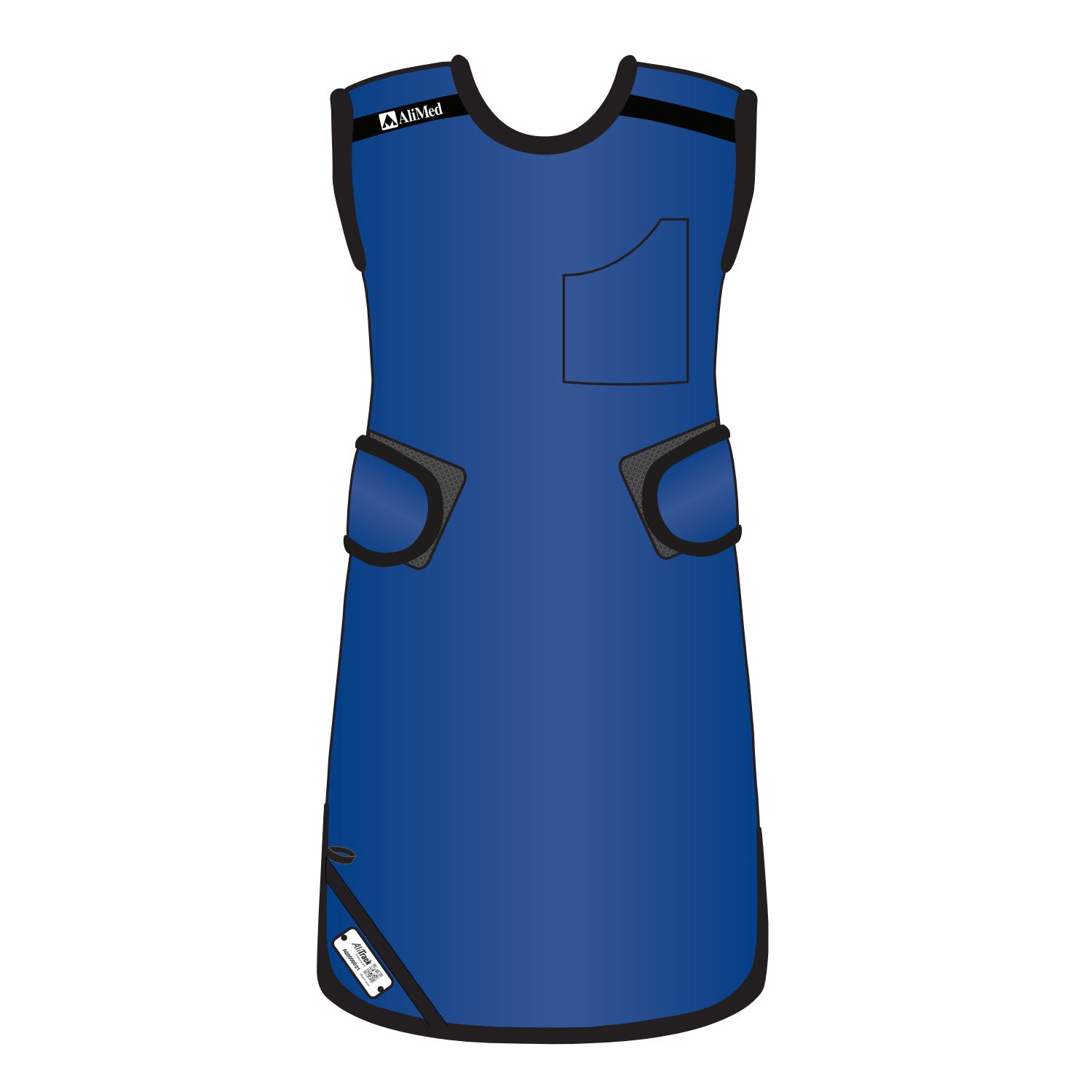 An AliMed Grab n Go 4-Point Quick Drop for females, a blue protective apron with pockets and straps.