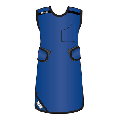 An AliMed Grab n Go 4-Point Quick Drop for females, a blue protective apron with pockets and straps.