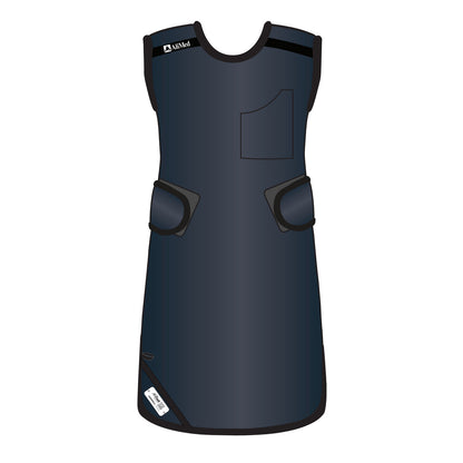 The AliMed Grab n Go 4-Point Quick Drop, Female is a dark blue protective apron with shoulder straps, side flaps, and a chest pocket.