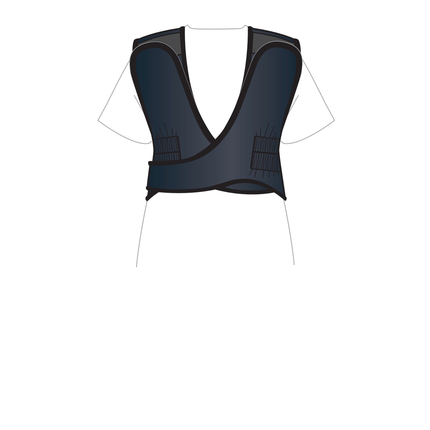 The AliMed Grab n Go 4-Point Quick Drop, Female is a dark-colored vest with wide straps, worn over a white short-sleeve shirt.