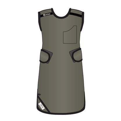 The AliMed Grab n Go 4-Point Quick Drop, Female is a gray medical apron with black trim, pockets, and adjustable fastening straps.