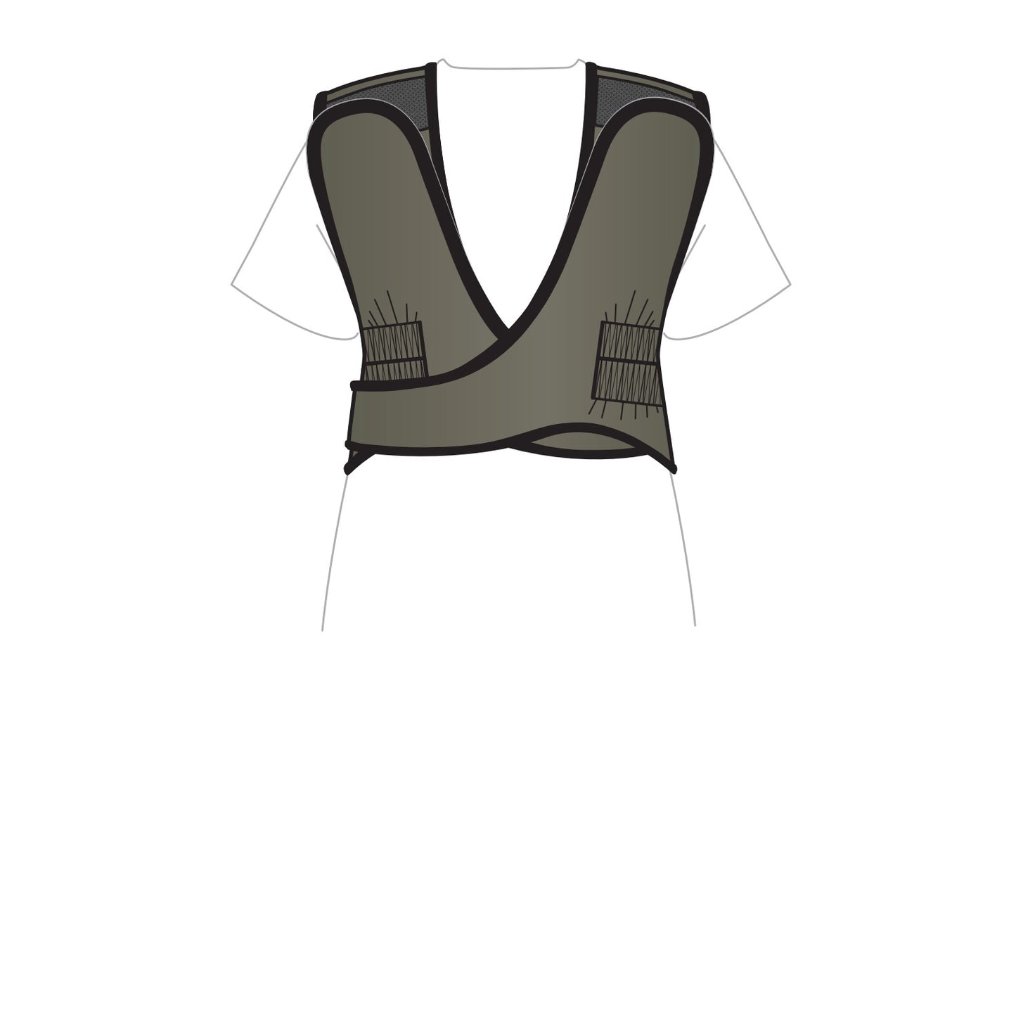 A diagram of the AliMed Grab n Go 4-Point Quick Drop, Female garment on a white shirt, showing its design and shoulder adjustments.