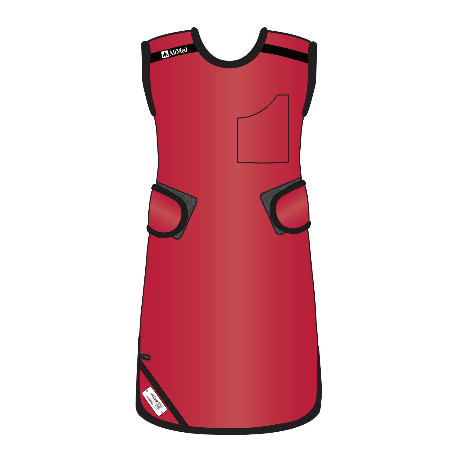 The AliMed Grab n Go 4-Point Quick Drop Apron, Male, is a red protective garment with black trim and a front pocket.