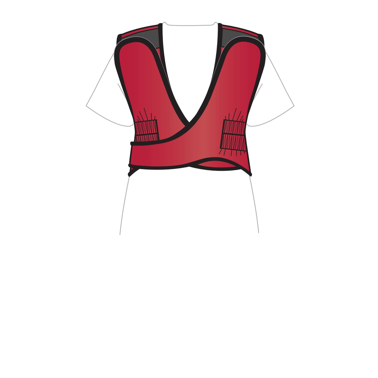 An illustration of the AliMed Grab n Go 4-Point Quick Drop Apron, Male, featuring a red design with black trim, worn over a white shirt.