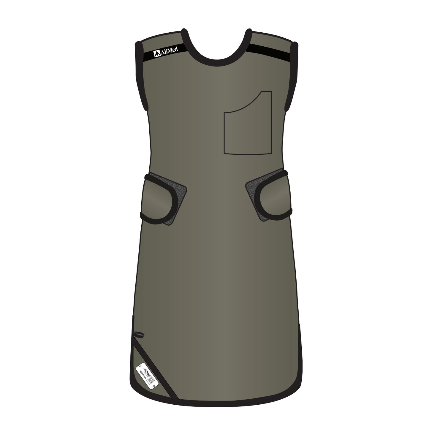The AliMed Grab n Go 4-Point Quick Drop Apron, Male is a gray protective apparel with padded shoulder straps and a front pocket.
