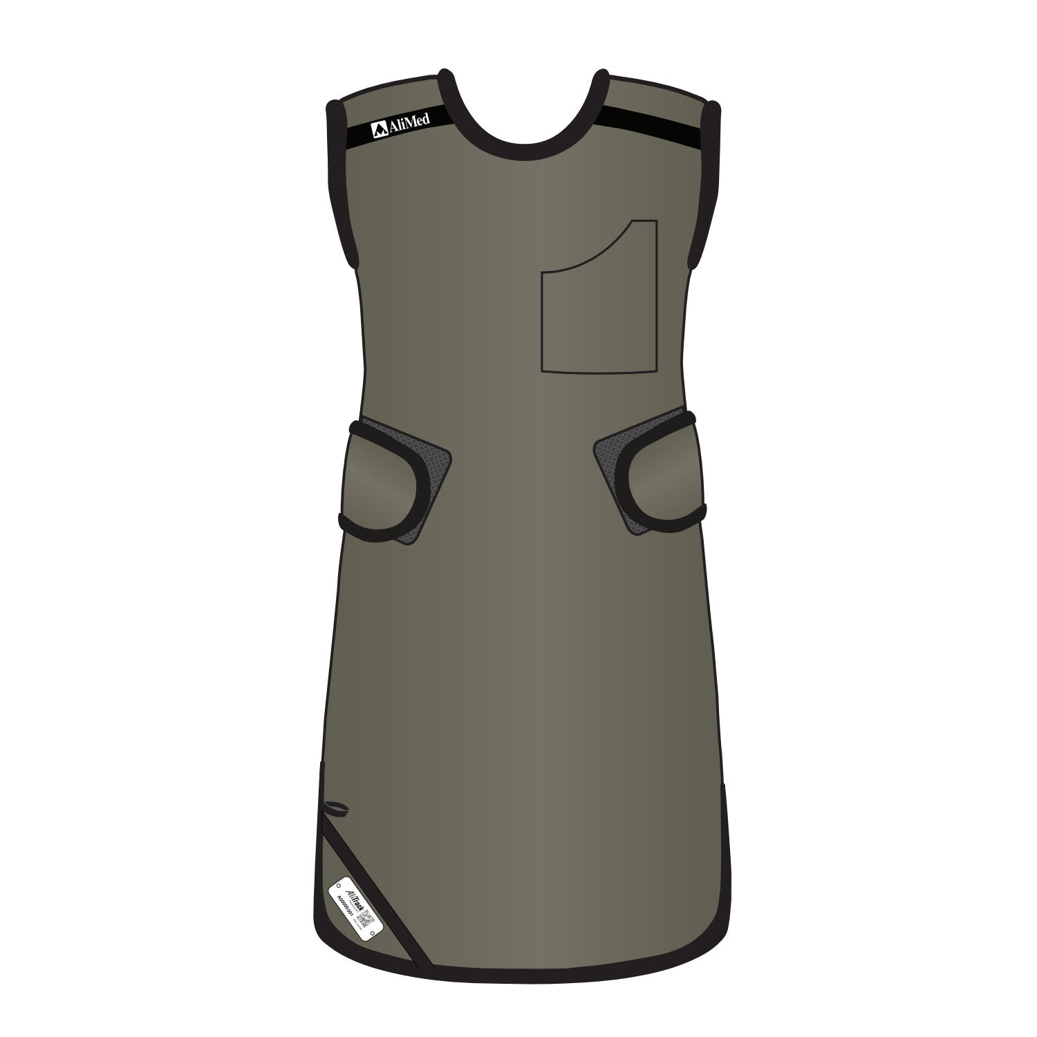 AliMed Grab n Go 4-Point Quick Drop, Female apron in gray with black trim, features pockets and adjustable straps on the sides.