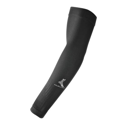 The Mueller Graduated Compression Performance Arm Sleeve is depicted in black with subtle ribbed detailing and a logo near the wrist.