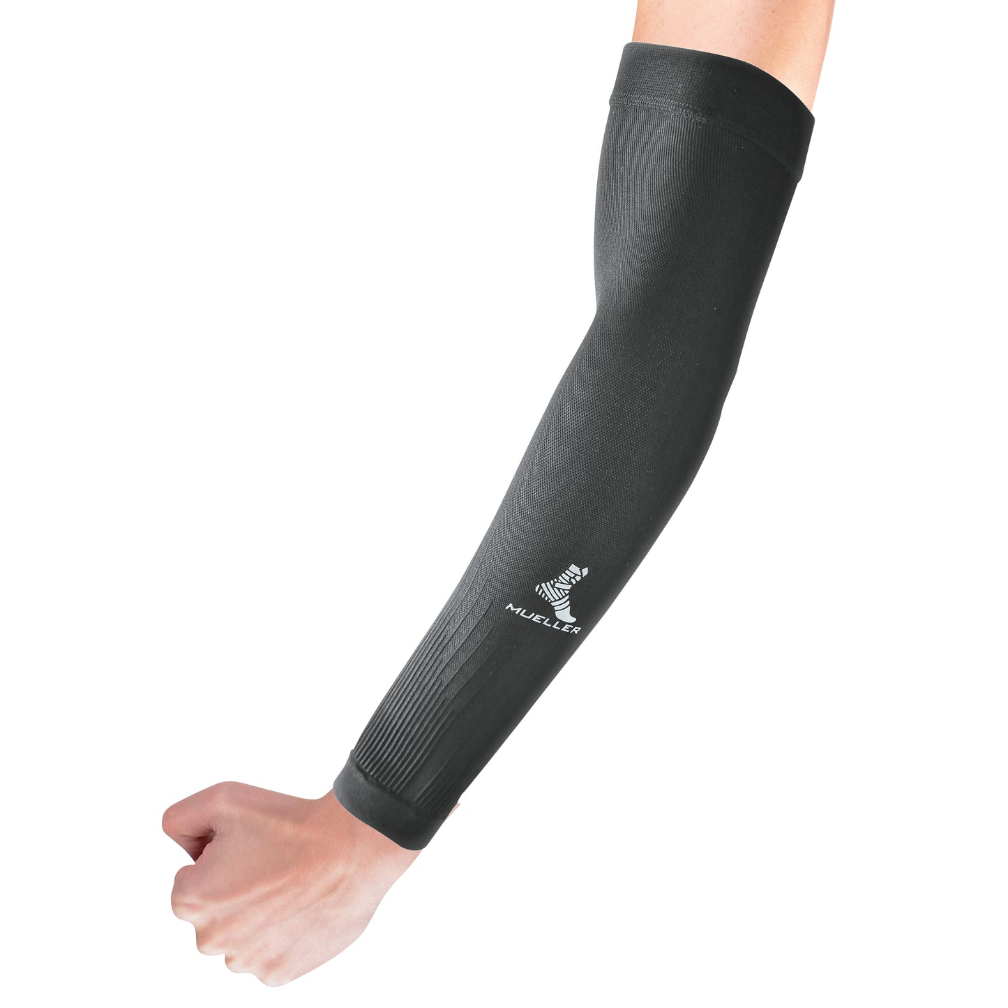 A person wears a black "Mueller Graduated Compression Performance Arm Sleeve" covering the entire arm, with a logo near the wrist.