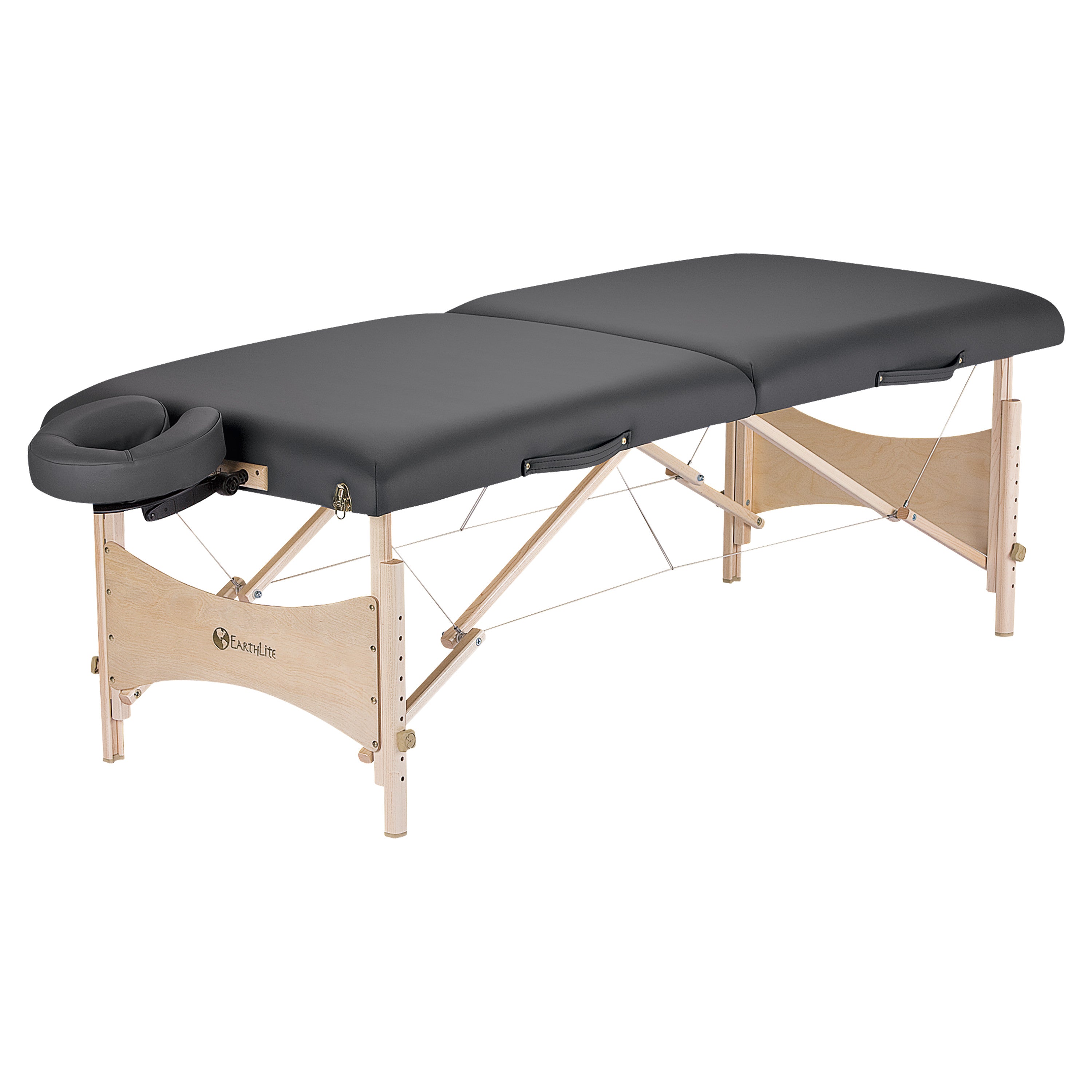 The EarthLite Harmony DX Portable Massage Table Package features a black cushioned surface, adjustable headrest, and wooden frame.