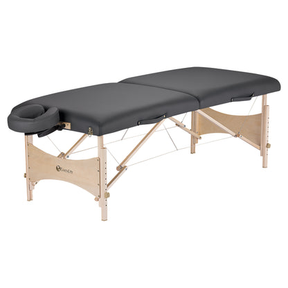 The EarthLite Harmony DX Portable Massage Table Package features a black cushioned surface, adjustable headrest, and wooden frame.