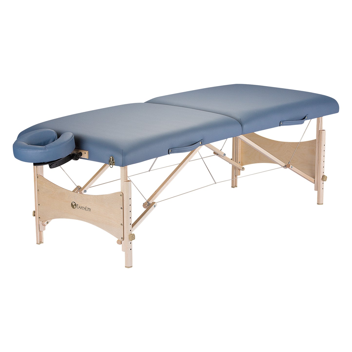 A blue EarthLite Harmony DX Portable Massage Table Package with wooden legs and an adjustable headrest.