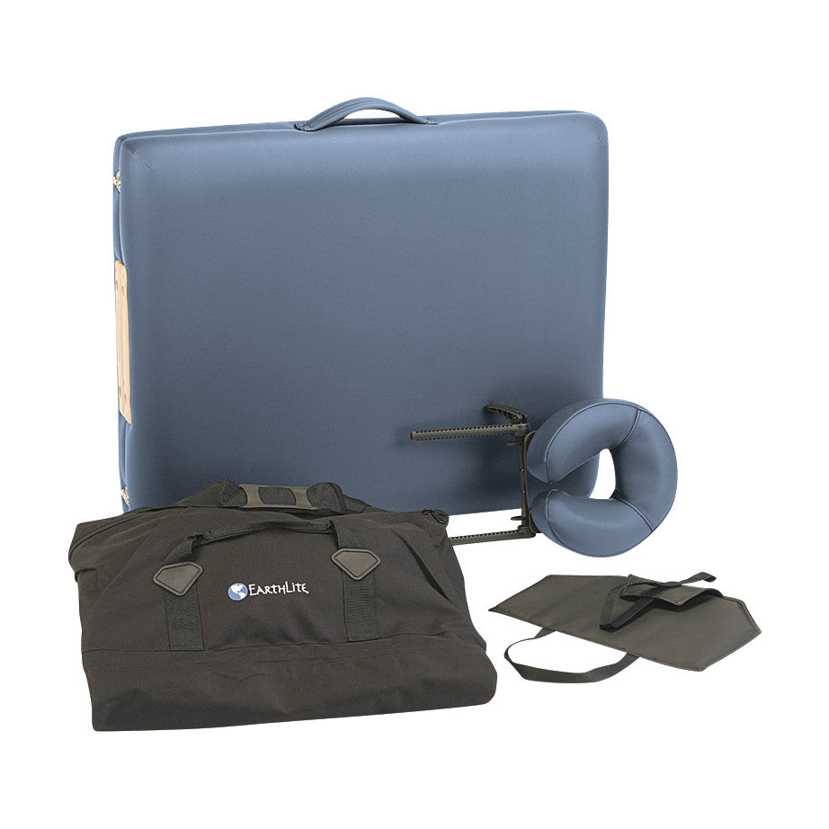 EarthLite Harmony DX Portable Massage Table Package with a folded table, black carry bag, cushioned face cradle, and accessories.