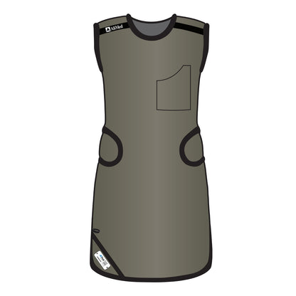 Illustration of the AliMed Grab n Go Flex Weight Reliever Apron for females, featuring a front pocket and black trim.