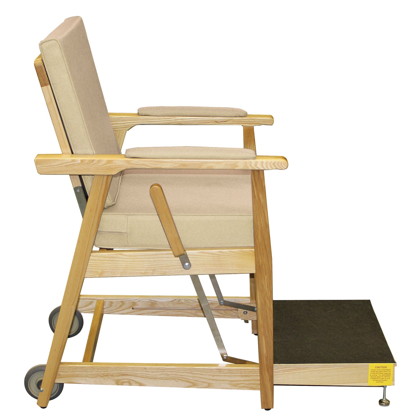 Side view of the EZ-UP Hip Chair with wooden frame, blue padded seat, and wheels, designed for easy rising support.