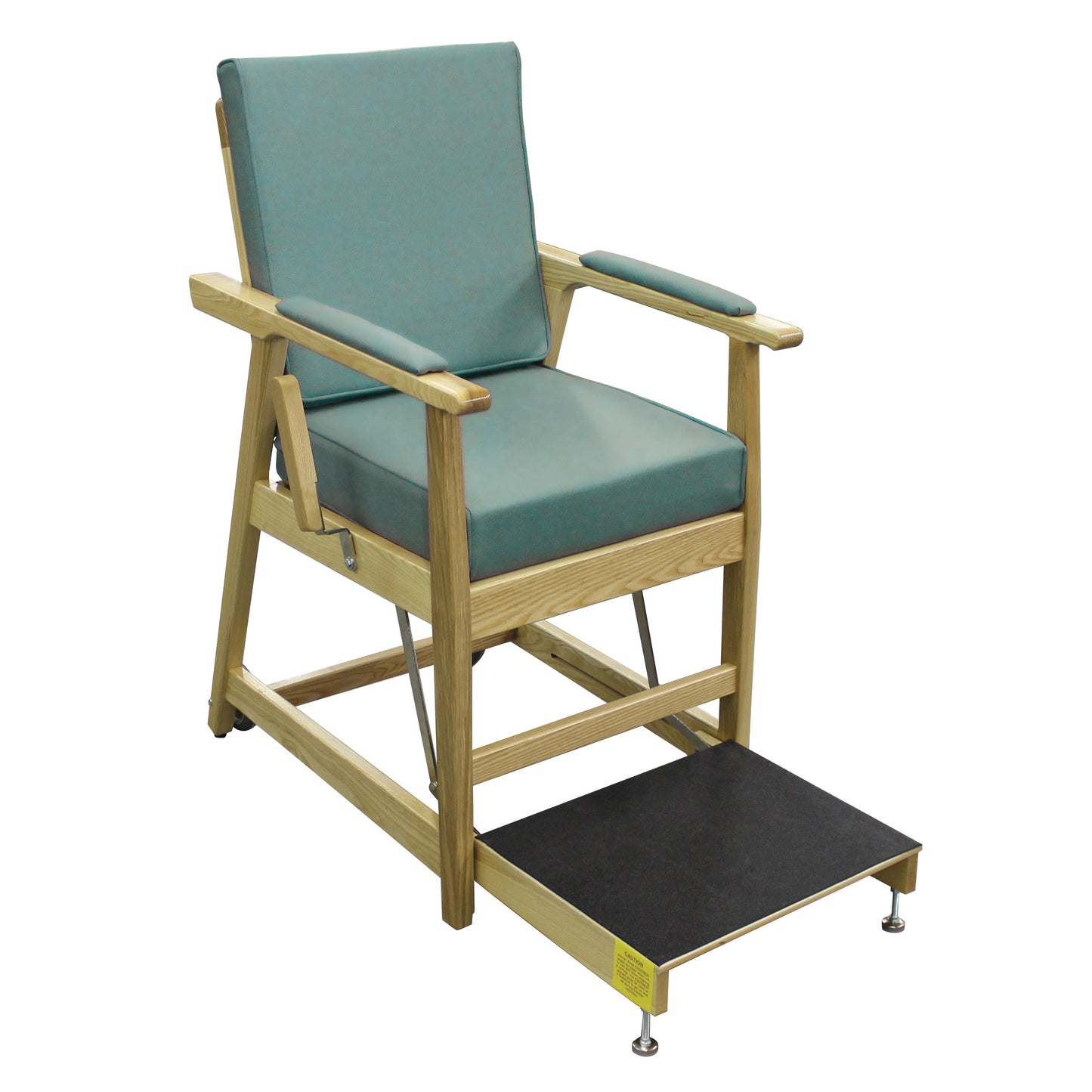 The EZ-UP Hip Chair is a wooden chair with a green cushion, footplate, and adjustable padded leg support for hip recovery.