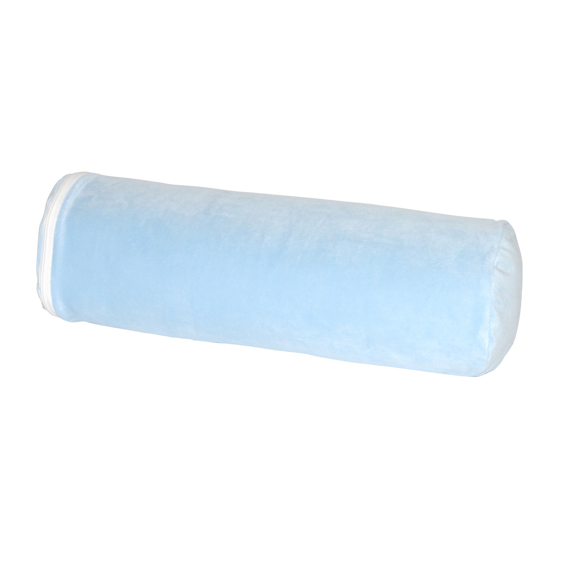 A person sleeping on their side in blue pajamas, using the SkiL-Care Ultra-Soft Bed Bolster for leg support on a bed.
