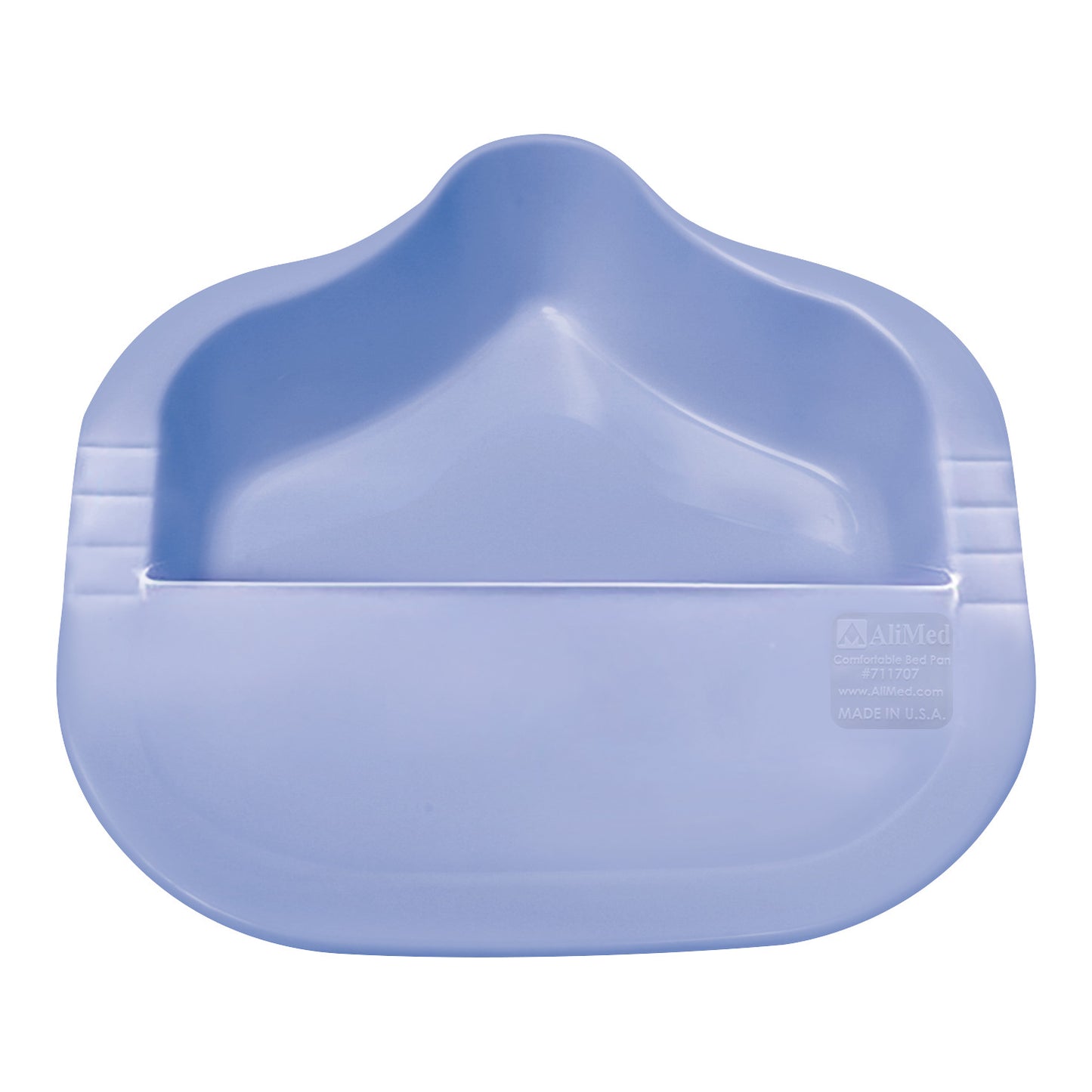 A light blue AliMed Comfortable Bed Pan made of plastic with a raised back and a smooth surface suitable for use by patients.