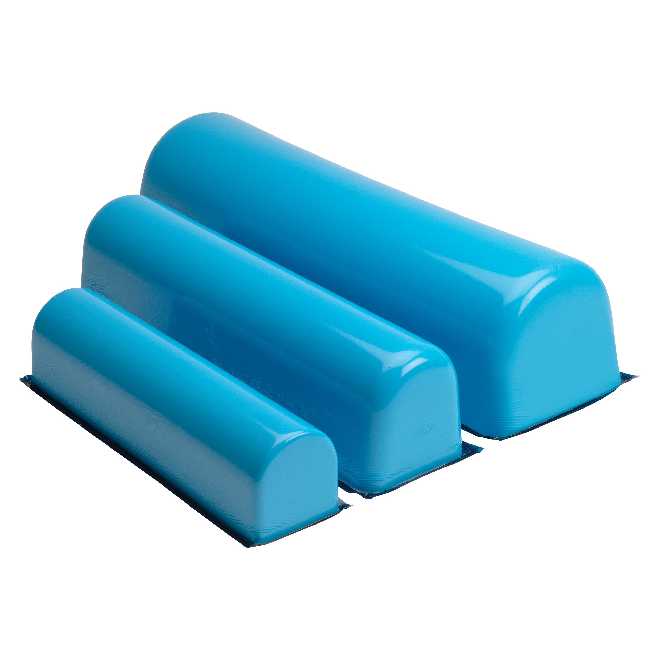 Three blue AliMed AliBlue Lite Hybrid Gel Chest Rolls in different sizes, placed side by side on a white background.