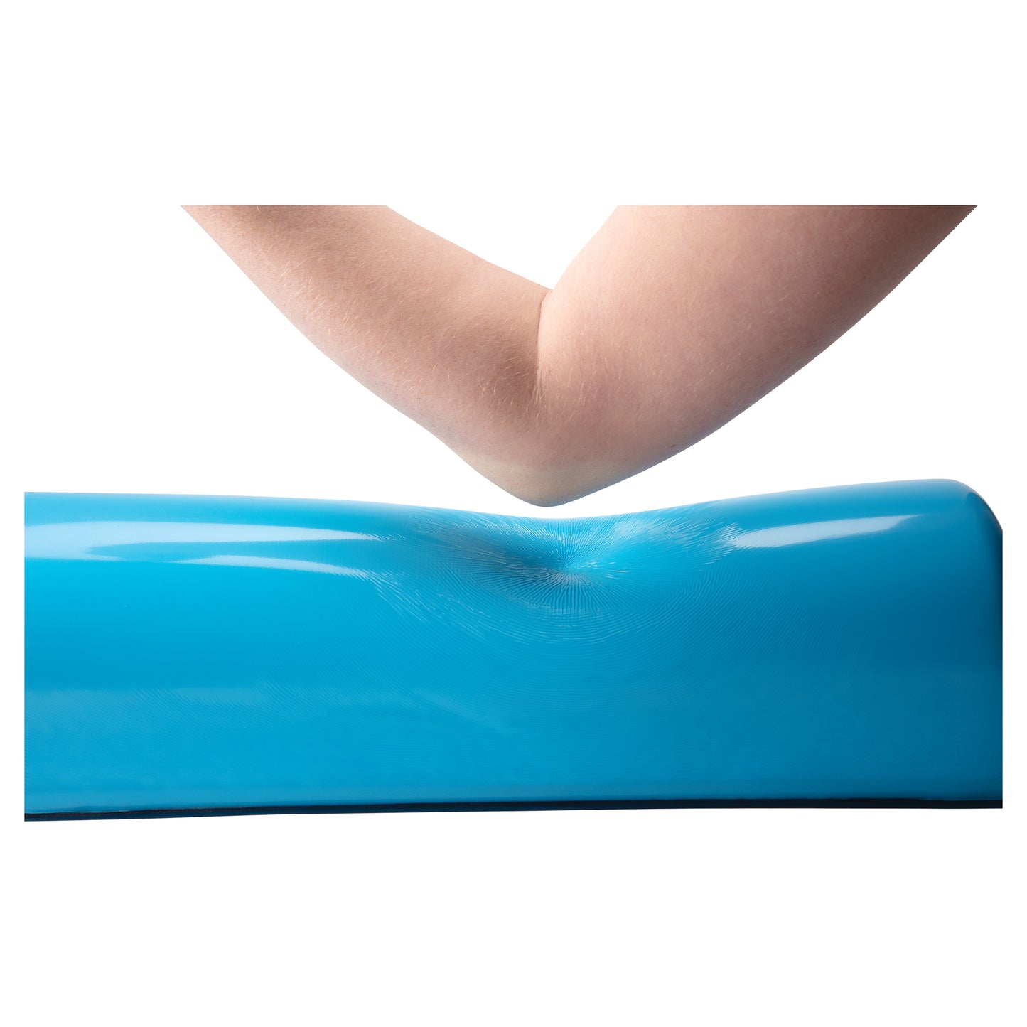 An arm rests on an AliMed AliBlue Lite Hybrid Gel Chest Roll, showcasing its support and cushioning properties.