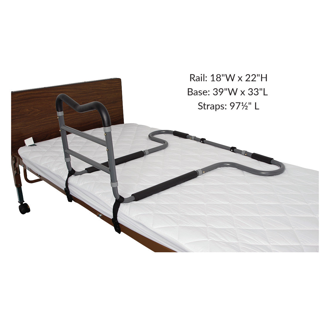 AliMed AliRail Bed Rail attached to a bed with a white quilted mattress, featuring a sturdy frame and adjustable straps for support.