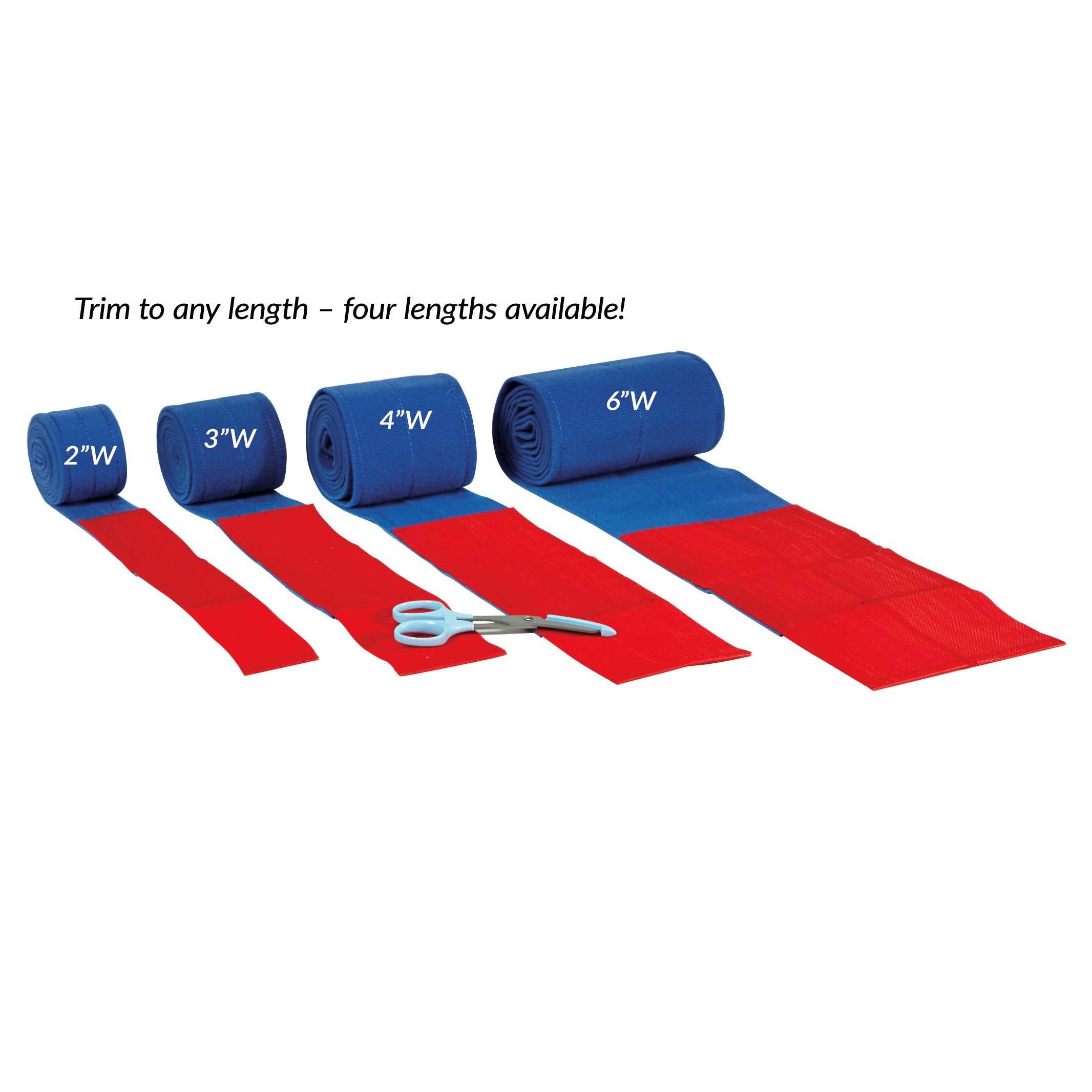 AliMed Universal Strap, One-Piece, One Closure, No Side Rail is shown in four widths: 2", 3", 4", and 6", with scissors nearby.