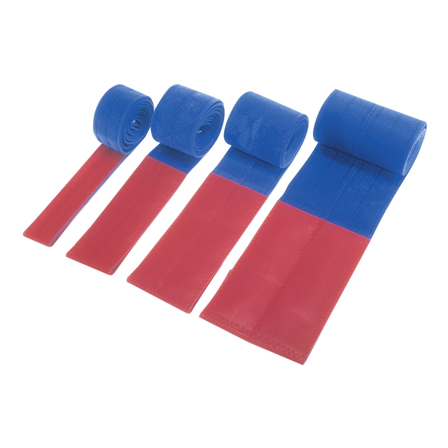 Four AliMed Universal Straps, One-Piece, Two Closures, Side Rail Hold, in blue and red, are displayed in varying rolled lengths.