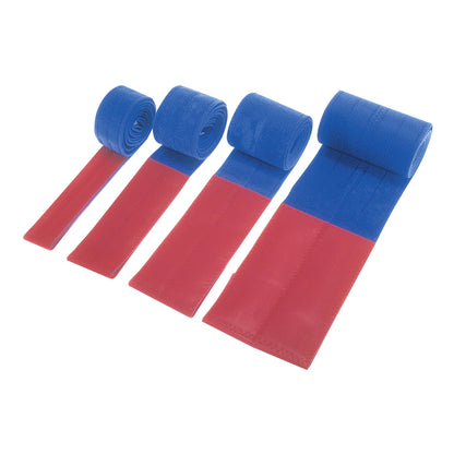 Four AliMed Universal Straps, One-Piece, Two Closures, Side Rail Hold, in blue and red, are displayed in varying rolled lengths.
