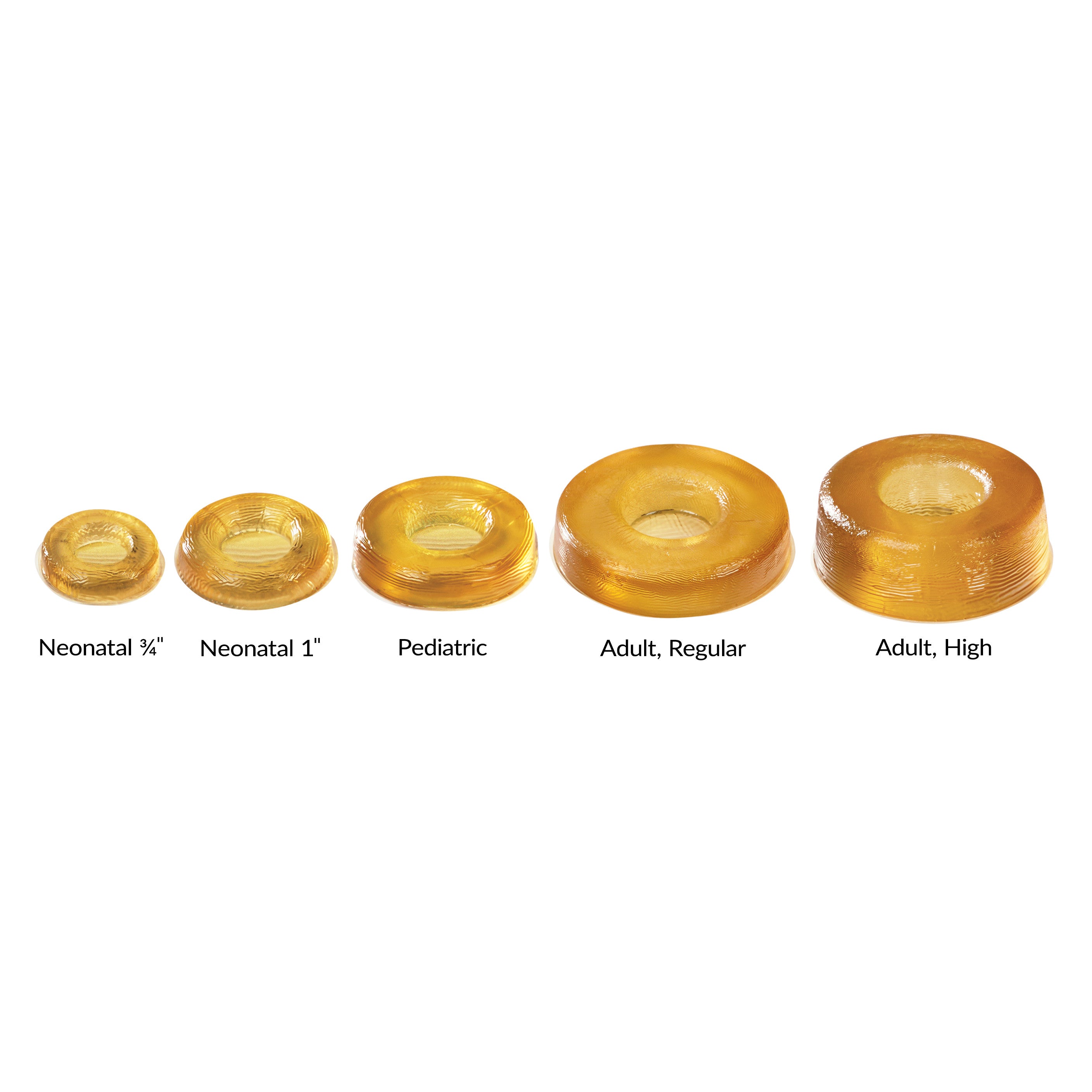 Five sizes of AliMed AliGel Head Donuts are shown: Neonatal 3/4", Neonatal 1", Pediatric, Adult Regular, and Adult High.