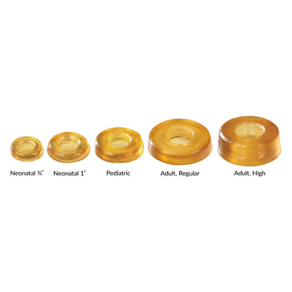 Five sizes of AliMed AliGel Head Donuts are shown: Neonatal 3/4", Neonatal 1", Pediatric, Adult Regular, and Adult High.