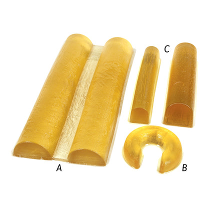 The AliMed AliGel Pediatric Positioning Set, featuring yellow gel pieces labeled A, B, and C in various curved shapes.