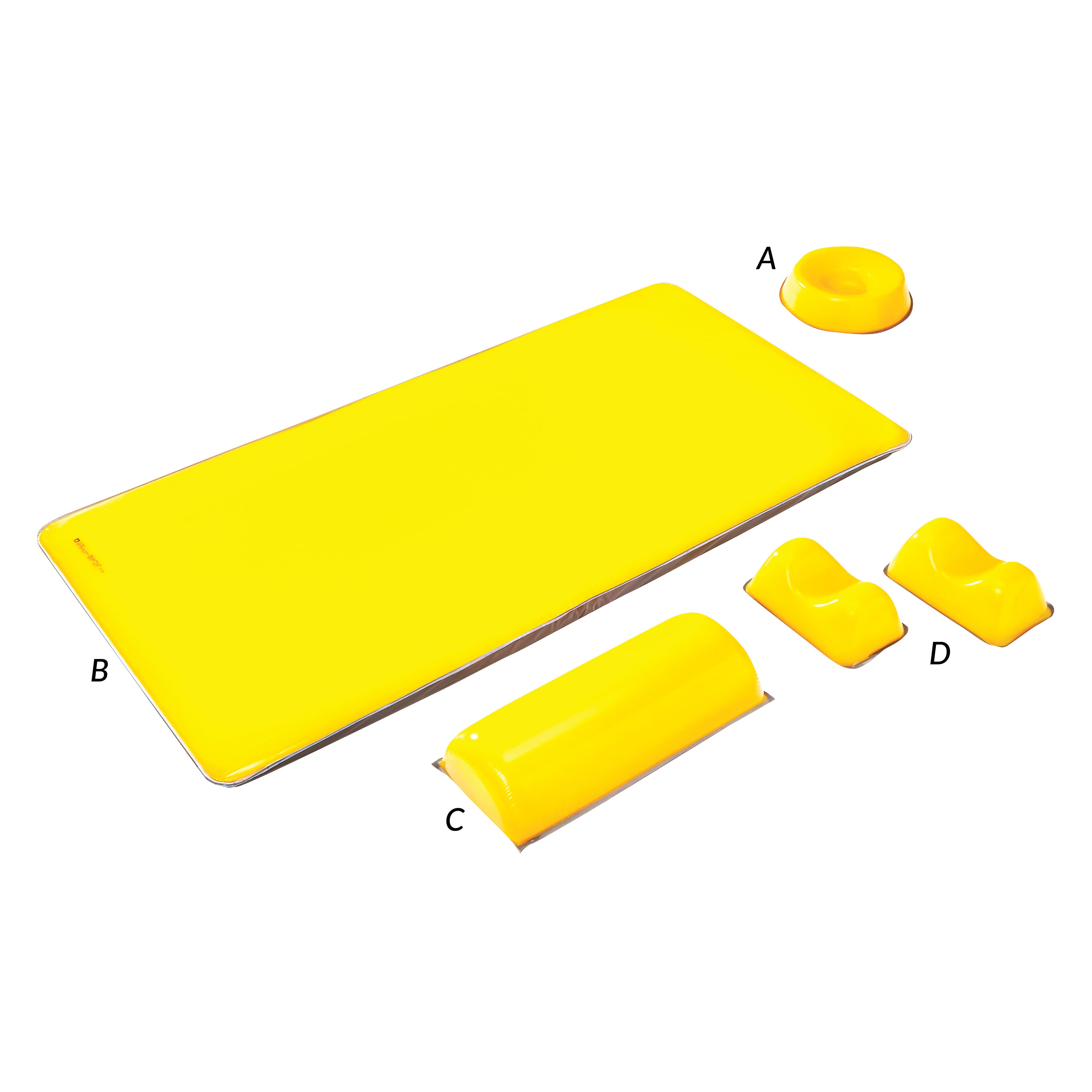 The AliMed AliLite Supine Positioning Set, featuring yellow foam supports labeled A, B, C, and D on a white background.