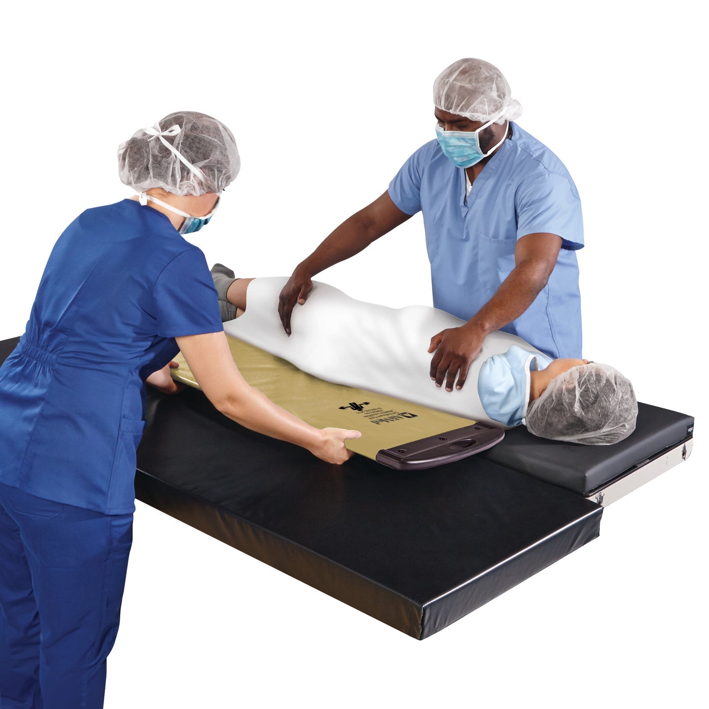 Two healthcare workers use the AliMed Soft Gold Rollboard to assist a patient transfer on a medical mat.