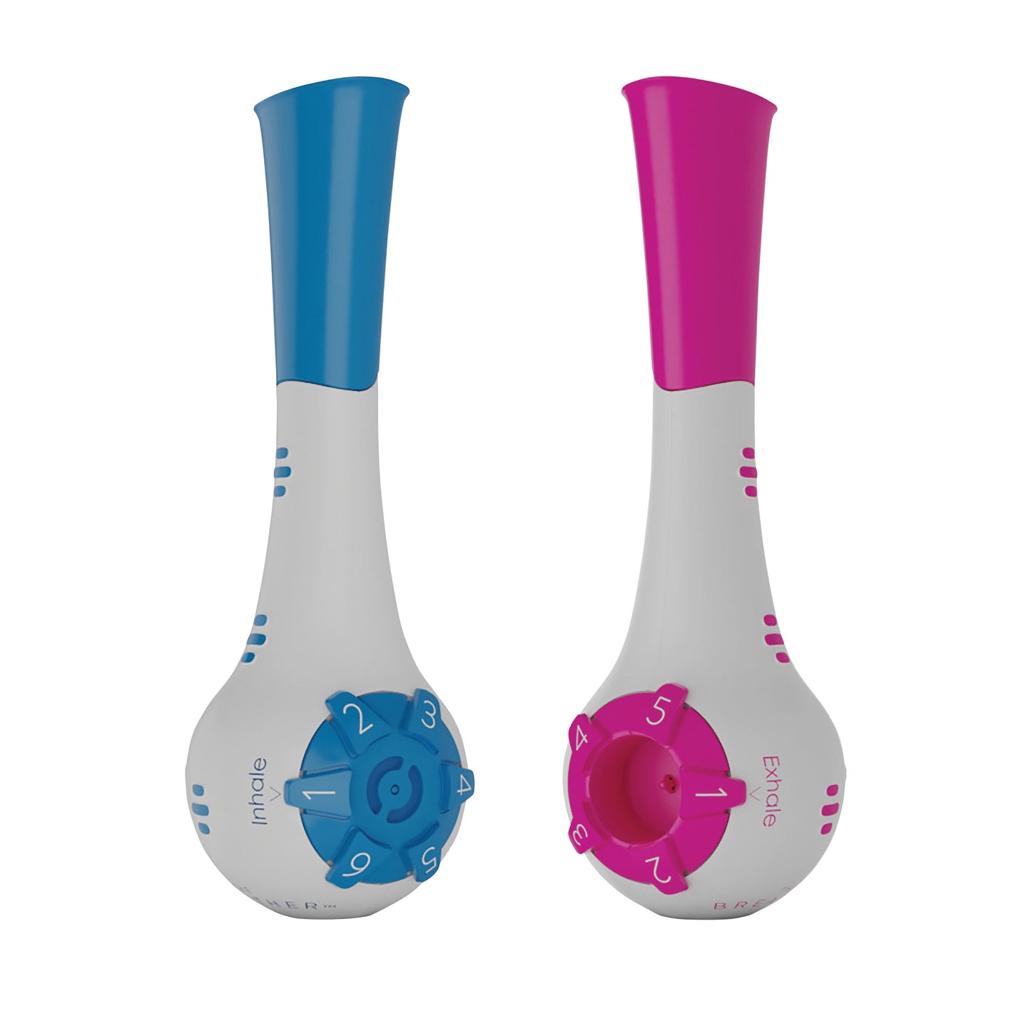 Two THE BREATHER Respiratory Muscle Trainers, one with a blue dial for inhale and one with a pink dial for exhale, are shown side by side.