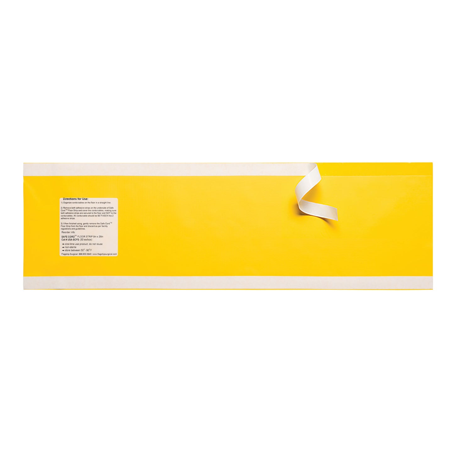 Yellow Flagship Surgical Safe Cord Floor Strip with white edges, featuring a strip of white tape and an instructional label.