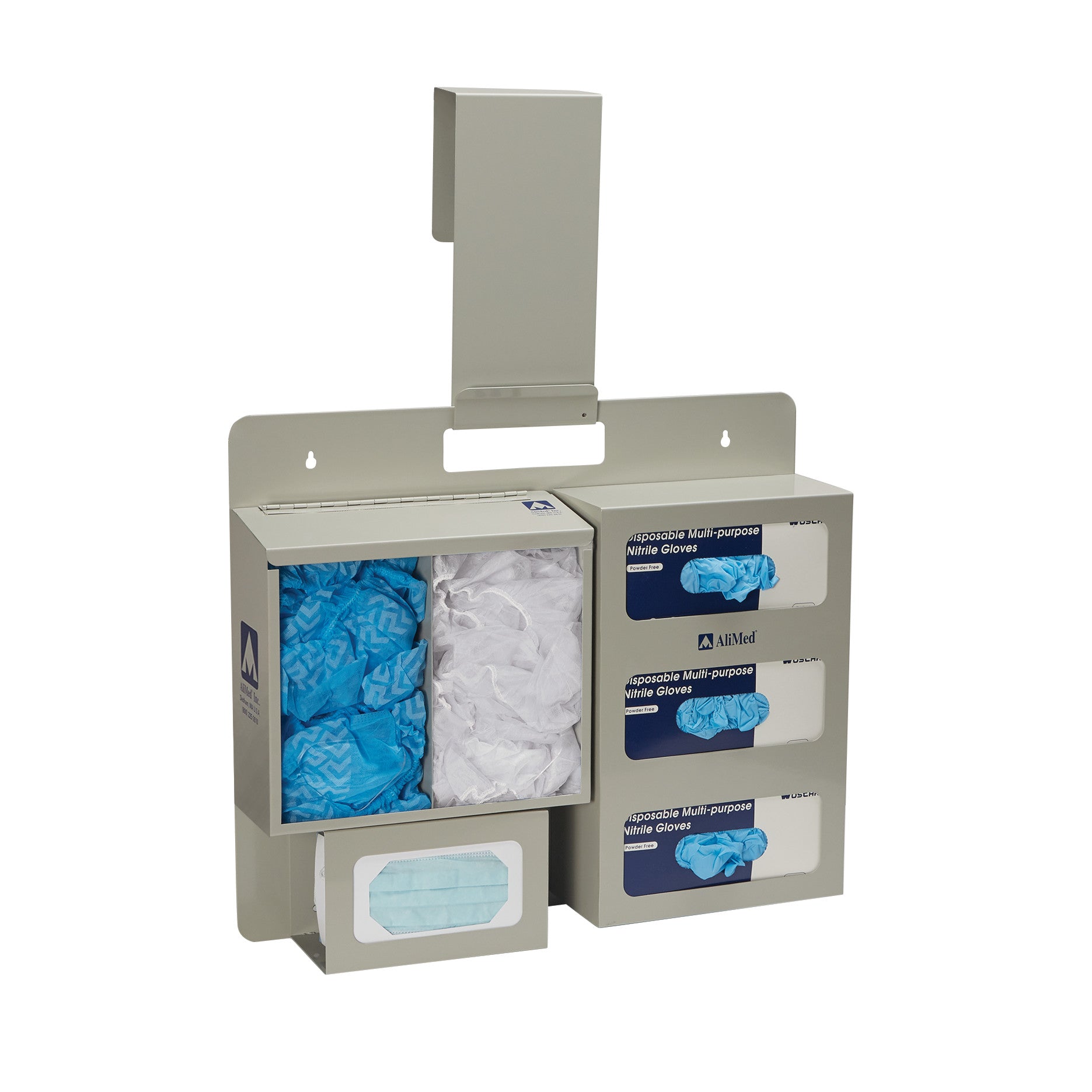 AliMed Bulk PPE Organizer holds blue and white caps, masks, and boxes of blue nitrile gloves, with a top hook for hanging.