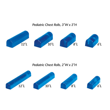AliMed AliBlue Gel Chest Roll variety showing pediatric chest rolls in sizes 12", 10", 8", and 6" lengths, with two widths.