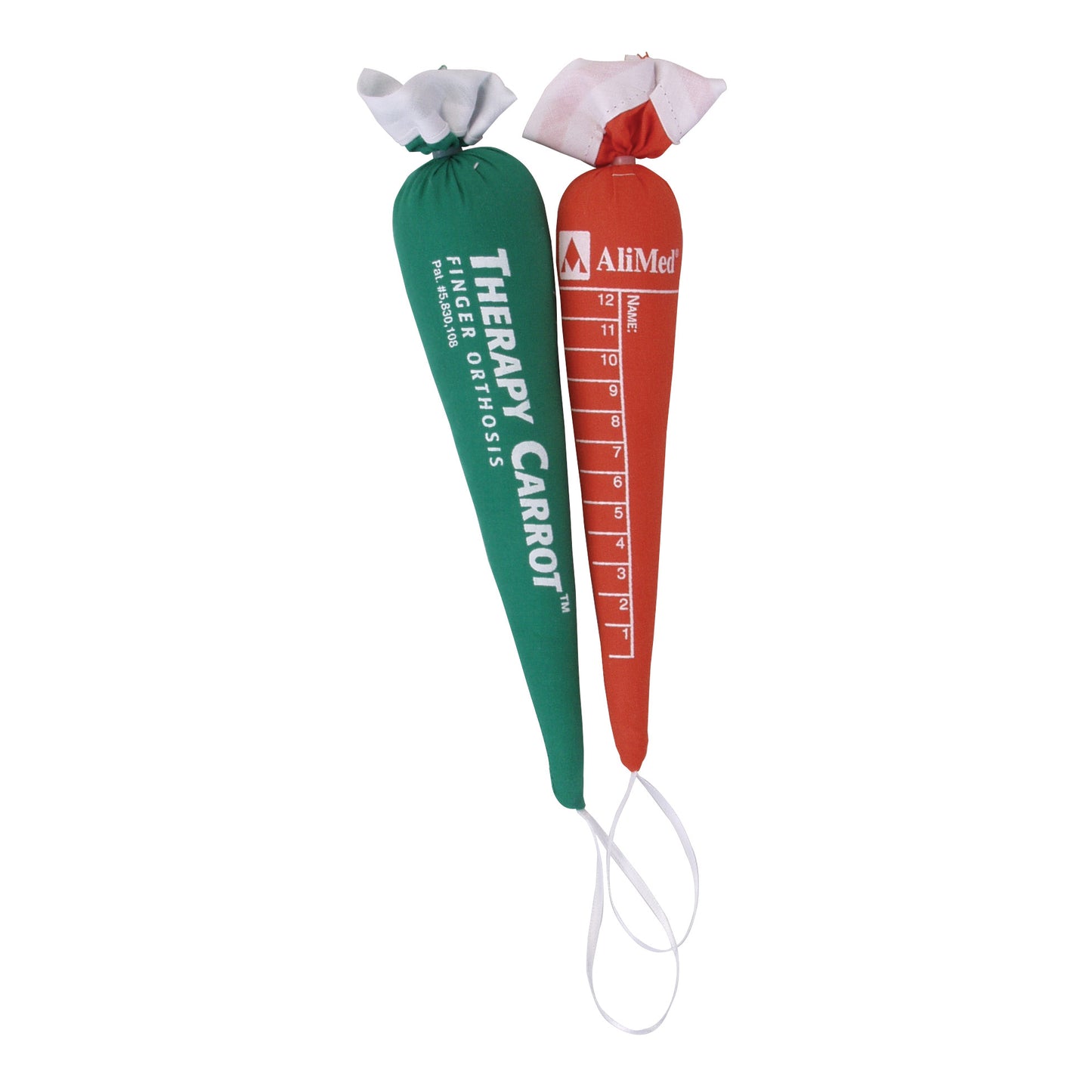 Two elongated, carrot-shaped therapy tools in green and orange, labeled "AliMed Original Therapy Carrot Hand Contracture Orthosis Kit."