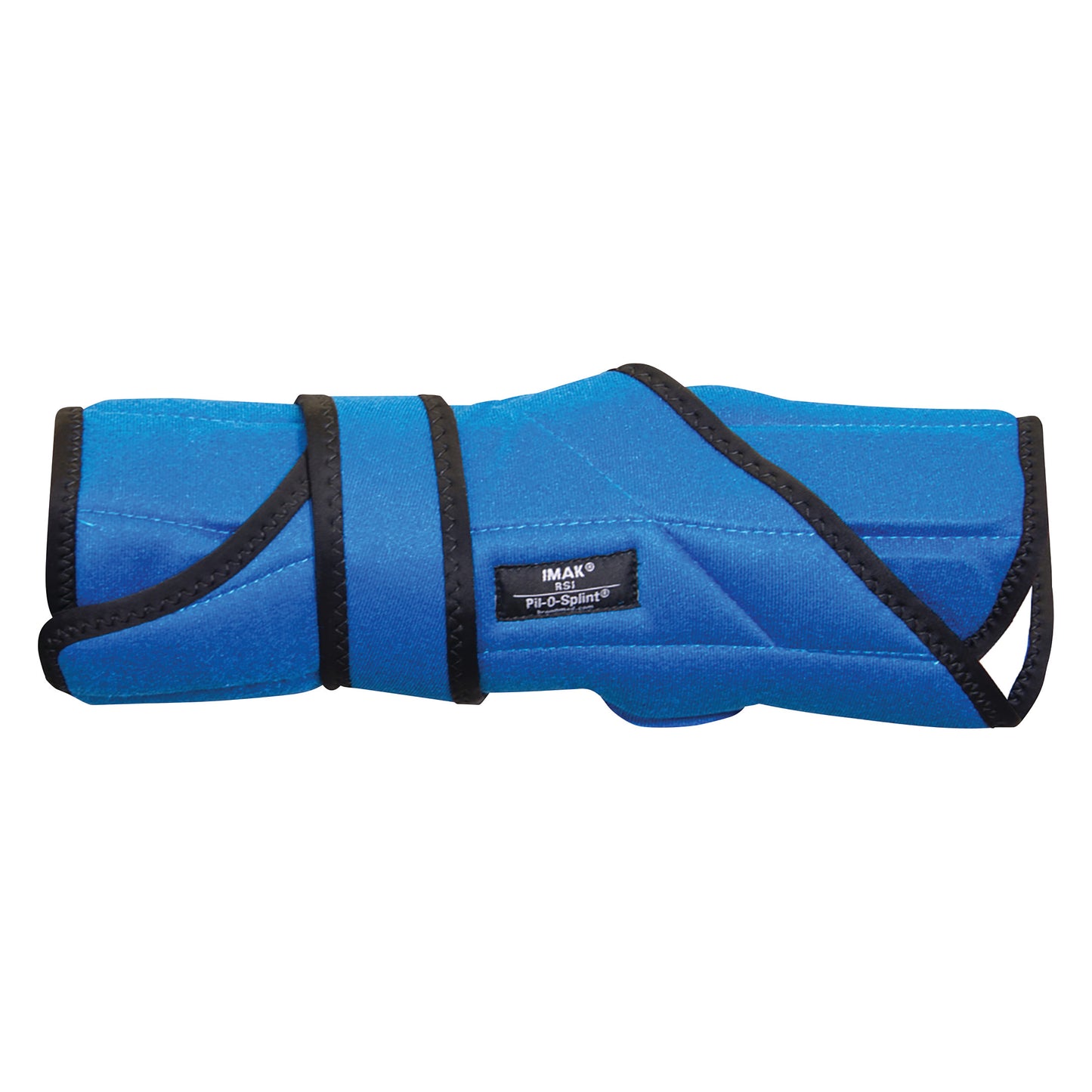 Blue Brownmed IMAK RSI Pil-O-Splint Adjustable Hand/Wrist Support with black trim and hook and loop closures for secure fit.