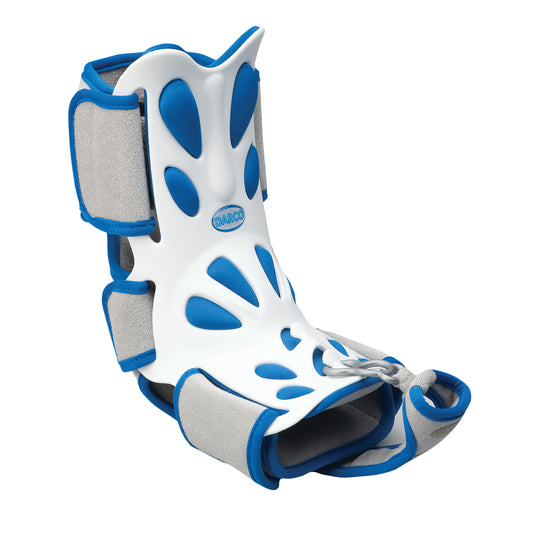 DARCO Body Armor Night Splint in white and blue, with a perforated design and adjustable straps for nighttime foot support.