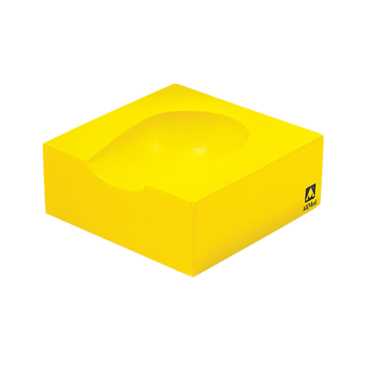 Yellow AliMed Protecta-Coat Occipital Head Support with an indented shape for head support, featuring the AliMed logo on the side.