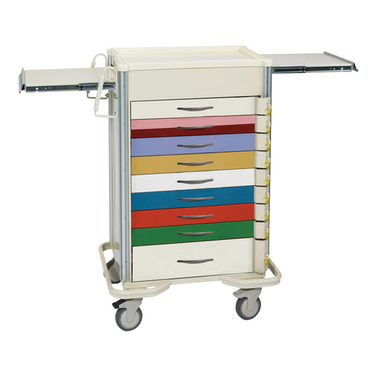 AliMed Select Series 9-Drawer Pediatric Emergency Cart with colorful drawers and two extendable side trays on wheels.